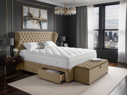 Empire Chesterfield Button-Tufted Upholstered Bed Set with Floor Standing Headboard, Footboard & Storage Upgrade Option