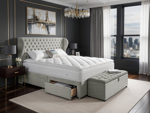 Empire Chesterfield Button-Tufted Upholstered Bed Set with Floor Standing Headboard, Footboard & Storage Upgrade Option