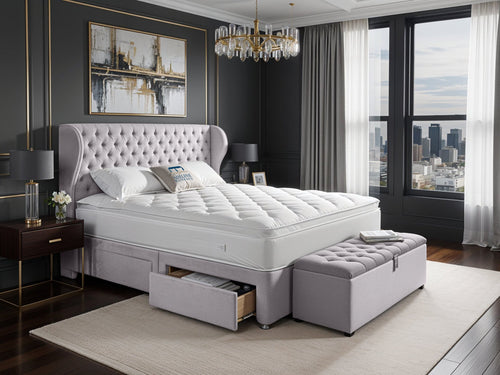 Empire Chesterfield Button-Tufted Upholstered Bed Set with Floor Standing Headboard, Footboard & Storage Upgrade Option