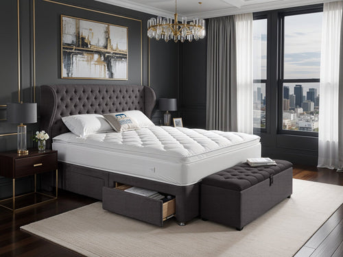 Empire Chesterfield Button-Tufted Upholstered Bed Set with Floor Standing Headboard, Footboard & Storage Upgrade Option