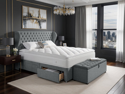 Empire Chesterfield Button-Tufted Upholstered Bed Set with Floor Standing Headboard, Footboard & Storage Upgrade Option