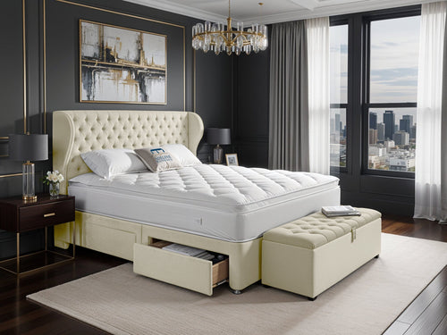 Empire Chesterfield Button-Tufted Upholstered Bed Set with Floor Standing Headboard, Footboard & Storage Upgrade Option