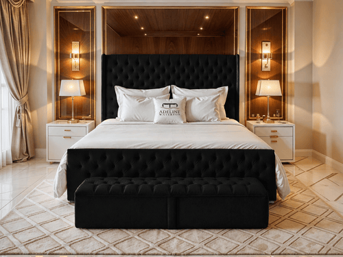 Grand Winchester Button-Tufted Upholstered Bed Set with Floor Standing Headboard, Footboard & Storage Upgrade Option