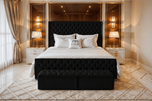 Black Plush Velvet - Grand Winchester Button-Tufted Upholstered Bed Set with Floor Standing Headboard, Footboard & Storage Upgrade Option