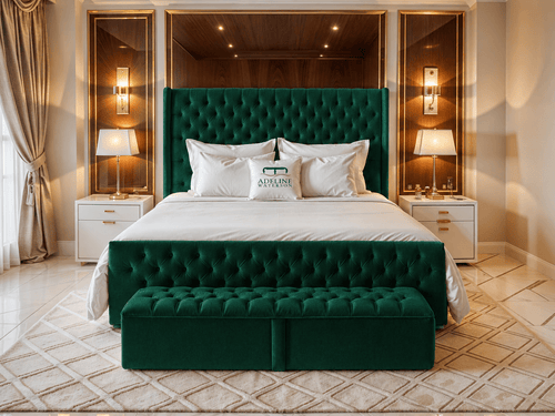 Grand Winchester Button-Tufted Upholstered Bed Set with Floor Standing Headboard, Footboard & Storage Upgrade Option