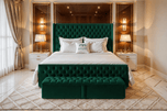 Emerald Plush Velvet - Grand Winchester Button-Tufted Upholstered Bed Set with Floor Standing Headboard, Footboard & Storage Upgrade Option