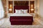 Maroon Plush Velvet - Grand Winchester Button-Tufted Upholstered Bed Set with Floor Standing Headboard, Footboard & Storage Upgrade Option