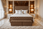 Mocha Plush Velvet - Grand Winchester Button-Tufted Upholstered Bed Set with Floor Standing Headboard, Footboard & Storage Upgrade Option