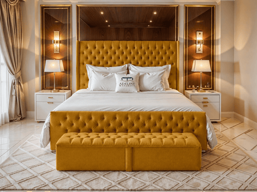 Grand Winchester Button-Tufted Upholstered Bed Set with Floor Standing Headboard, Footboard & Storage Upgrade Option