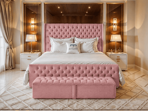 Grand Winchester Button-Tufted Upholstered Bed Set with Floor Standing Headboard, Footboard & Storage Upgrade Option
