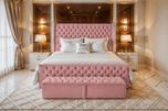 Pink Plush Velvet - Grand Winchester Button-Tufted Upholstered Bed Set with Floor Standing Headboard, Footboard & Storage Upgrade Option