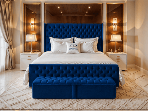 Grand Winchester Button-Tufted Upholstered Bed Set with Floor Standing Headboard, Footboard & Storage Upgrade Option