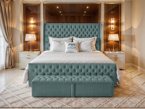 Grand Winchester Button-Tufted Upholstered Bed Set with Floor Standing Headboard, Footboard & Storage Upgrade Option