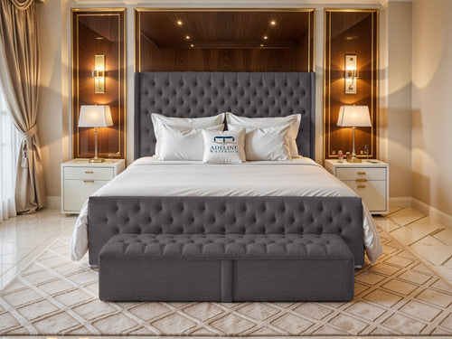 Grand Winchester Button-Tufted Upholstered Bed Set with Floor Standing Headboard, Footboard & Storage Upgrade Option