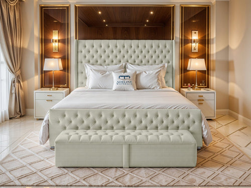 Grand Winchester Button-Tufted Upholstered Bed Set with Floor Standing Headboard, Footboard & Storage Upgrade Option