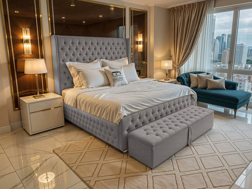 Grand Winchester Button-Tufted Upholstered Bed Set with Floor Standing Headboard, Footboard & Storage Upgrade Option