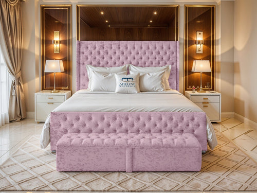 Grand Winchester Button-Tufted Upholstered Bed Set with Floor Standing Headboard, Footboard & Storage Upgrade Option