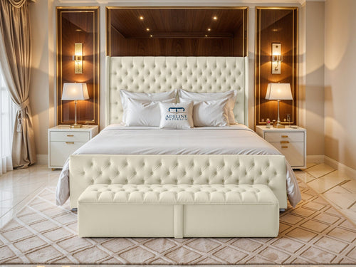 Grand Winchester Button-Tufted Upholstered Bed Set with Floor Standing Headboard, Footboard & Storage Upgrade Option