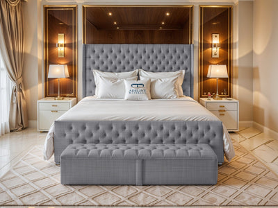 Grand Winchester Button-Tufted Upholstered Bed Set with Floor Standing Headboard, Footboard & Storage Upgrade Option