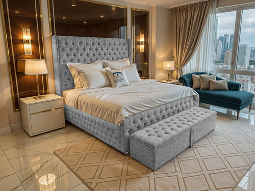 Grand Winchester Button-Tufted Upholstered Bed Set with Floor Standing Headboard, Footboard & Storage Upgrade Option