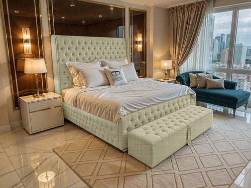 Grand Winchester Button-Tufted Upholstered Bed Set with Floor Standing Headboard, Footboard & Storage Upgrade Option