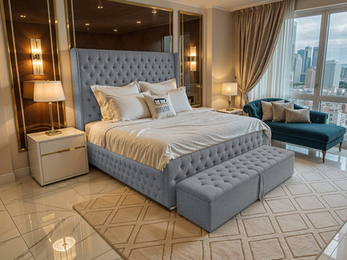 Grand Winchester Button-Tufted Upholstered Bed Set with Floor Standing Headboard, Footboard & Storage Upgrade Option