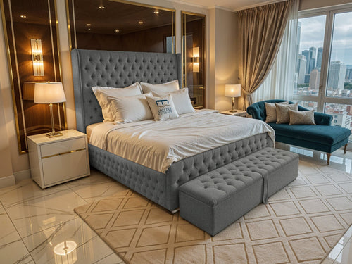 Grand Winchester Button-Tufted Upholstered Bed Set with Floor Standing Headboard, Footboard & Storage Upgrade Option