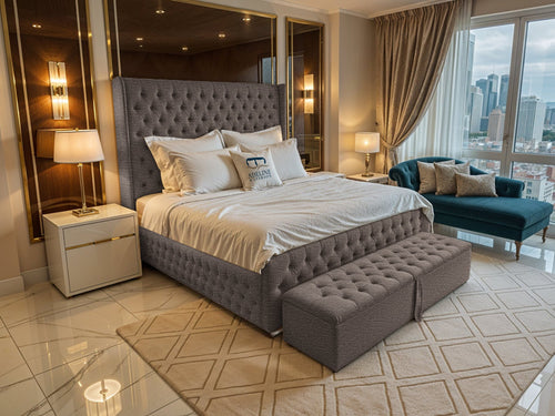 Grand Winchester Button-Tufted Upholstered Bed Set with Floor Standing Headboard, Footboard & Storage Upgrade Option