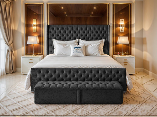 Grand Winchester Button-Tufted Upholstered Bed Set with Floor Standing Headboard, Footboard & Storage Upgrade Option