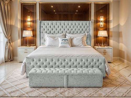Grand Winchester Button-Tufted Upholstered Bed Set with Floor Standing Headboard, Footboard & Storage Upgrade Option