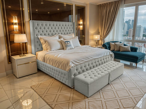 Grand Winchester Button-Tufted Upholstered Bed Set with Floor Standing Headboard, Footboard & Storage Upgrade Option