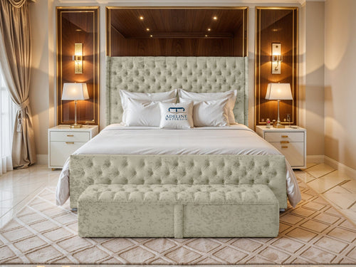 Grand Winchester Button-Tufted Upholstered Bed Set with Floor Standing Headboard, Footboard & Storage Upgrade Option