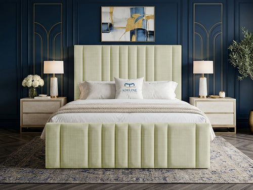 Grandeur Statement Upholstered Bed Set with Floor Standing Headboard, Footboard & Storage Upgrade Option
