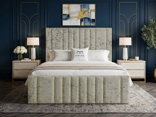 Grandeur Statement Upholstered Bed Set with Floor Standing Headboard, Footboard & Storage Upgrade Option