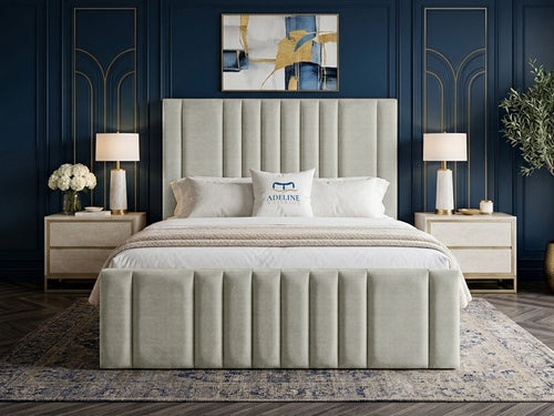 Grandeur Statement Upholstered Bed Set with Floor Standing Headboard, Footboard & Storage Upgrade Option