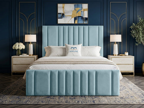 Grandeur Statement Upholstered Bed Set with Floor Standing Headboard, Footboard & Storage Upgrade Option