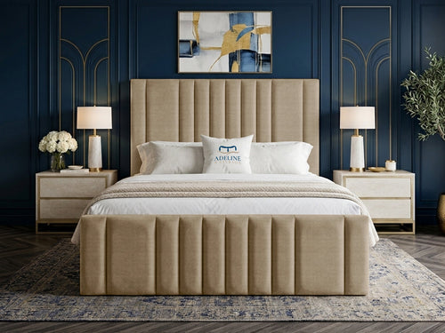 Grandeur Statement Upholstered Bed Set with Floor Standing Headboard, Footboard & Storage Upgrade Option