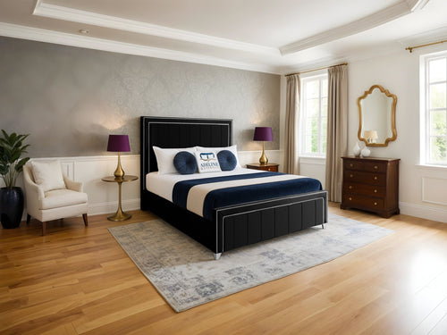 Hamilton Vertical Channel Upholstered Bed Set with Floor Standing Headboard, Footboard & Storage Upgrade Option