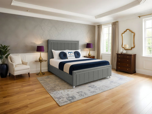Hamilton Vertical Channel Upholstered Bed Set with Floor Standing Headboard, Footboard & Storage Upgrade Option
