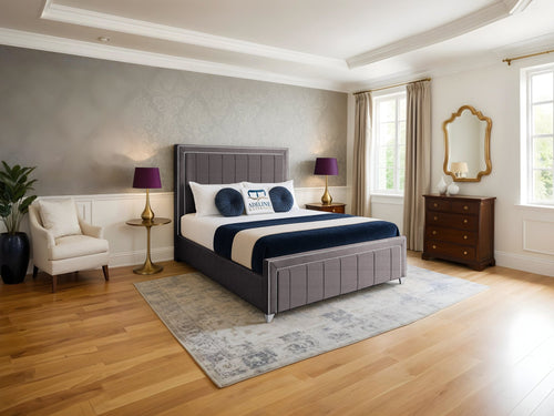 Hamilton Vertical Channel Upholstered Bed Set with Floor Standing Headboard, Footboard & Storage Upgrade Option