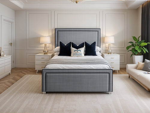 Hampton Black Bordered Panel Upholstered Bed Set with Floor Standing Headboard, Footboard & Storage Upgrade Option
