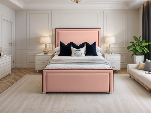 Hampton Black Bordered Panel Upholstered Bed Set with Floor Standing Headboard, Footboard & Storage Upgrade Option