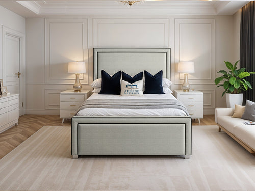 Hampton Black Bordered Panel Upholstered Bed Set with Floor Standing Headboard, Footboard & Storage Upgrade Option