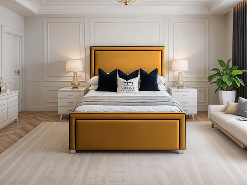 Hampton Black Bordered Panel Upholstered Bed Set with Floor Standing Headboard, Footboard & Storage Upgrade Option