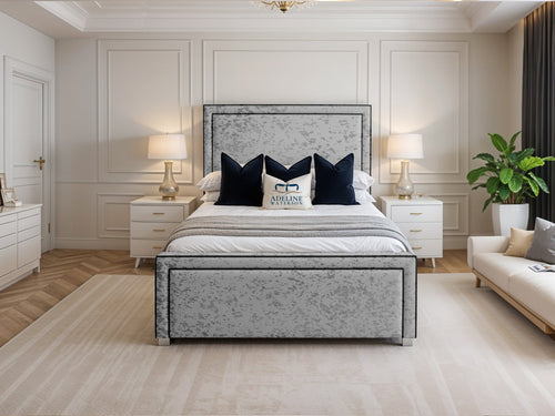 Hampton Black Bordered Panel Upholstered Bed Set with Floor Standing Headboard, Footboard & Storage Upgrade Option