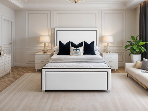 Hampton Black Bordered Panel Upholstered Bed Set with Floor Standing Headboard, Footboard & Storage Upgrade Option