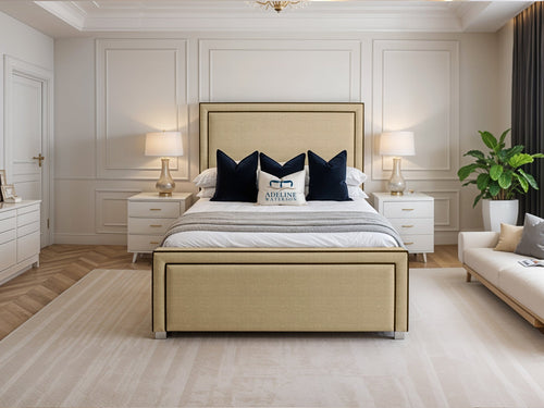 Hampton Black Bordered Panel Upholstered Bed Set with Floor Standing Headboard, Footboard & Storage Upgrade Option