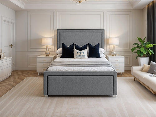 Hampton Black Bordered Panel Upholstered Bed Set with Floor Standing Headboard, Footboard & Storage Upgrade Option