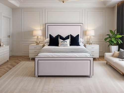 Hampton Black Bordered Panel Upholstered Bed Set with Floor Standing Headboard, Footboard & Storage Upgrade Option