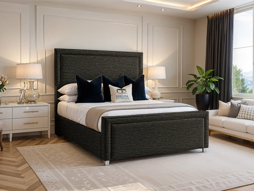 Hampton Black Bordered Panel Upholstered Bed Set with Floor Standing Headboard, Footboard & Storage Upgrade Option